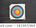 An arrow shot with a bow, hitting the center of the target. 141955364