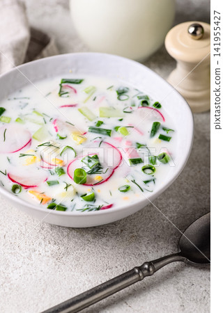 Okroshka, traditional summer cold soup Okroshka, traditional summer cold soup 141955427