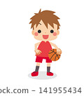Cute little boy holding a basketball - vector, white background, clipart. 141955434