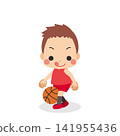 Cute little boy practicing dribbling with a basketball - Vector - White background - Clipart 141955436