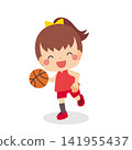 Cute little girl dribbling basketball - Vector - White background - Clipart 141955437