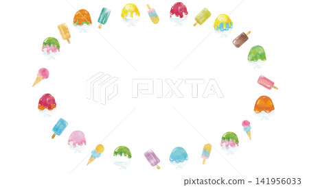 Watercolor-style frame featuring cute shaved ice, ice cream, and ice cream bars. Watercolor-style frame featuring cute shaved ice, ice cream, and ice cream bars. 141956033