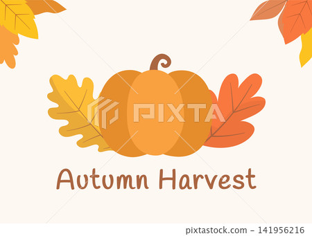 Autumn Harvest Illustration with Pumpkin and Leaves Autumn Harvest Illustration with Pumpkin and Leaves 141956216