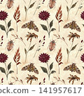 Vintage-style autumn seamless botanical pattern on a beige background for home textiles, packaging, and fabric. 141957617