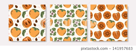 Orange Persimmon Seamless Pattern Collection with Blossoms Orange Persimmon Seamless Pattern Collection with Blossoms 141957683