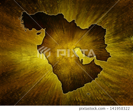 A dark, somber image of a Middle Eastern region silhouette against a quaint, old-fashioned, rough-textured gold screen-like background, bathed in a golden halo. 141958322