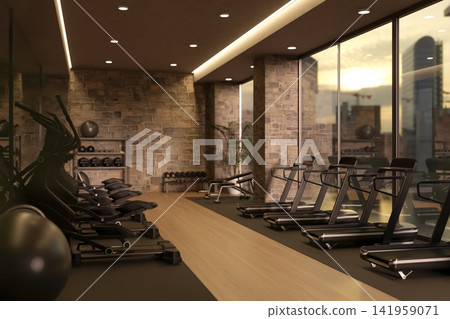 Modern Gym Interior with Fitness Equipment and Glass Windows Showing City View Modern Gym Interior with Fitness Equipment and Glass Windows Showing City View 141959071