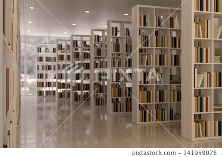 Modern Library Interior with Rows of White Bookshelves and Books 141959078