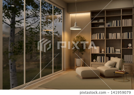 Cozy Home Library Corner with Lounge Chair and Large Garden Window Cozy Home Library Corner with Lounge Chair and Large Garden Window 141959079