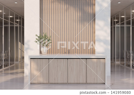 Modern Office Lobby Interior with Wooden Cabinet Counter and Slat Wall Design Modern Office Lobby Interior with Wooden Cabinet Counter and Slat Wall Design 141959080
