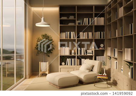 Cozy Home Library Corner with Lounge Armchair and Floor-to-Ceiling Bookshelf 141959092