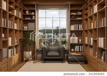 Symmetric Home Library Interior with Leather Armchair and Window View Symmetric Home Library Interior with Leather Armchair and Window View 141959093