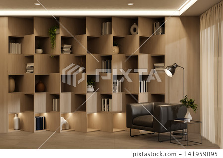 Modern Living Room with Geometric Wooden Grid Bookshelf and Leather Armchair Modern Living Room with Geometric Wooden Grid Bookshelf and Leather Armchair 141959095