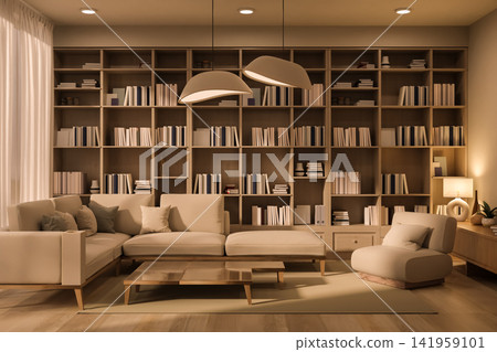 Warm Living Room Interior with Large L Shape Sofa and Bookshelf Wall Warm Living Room Interior with Large L Shape Sofa and Bookshelf Wall 141959101