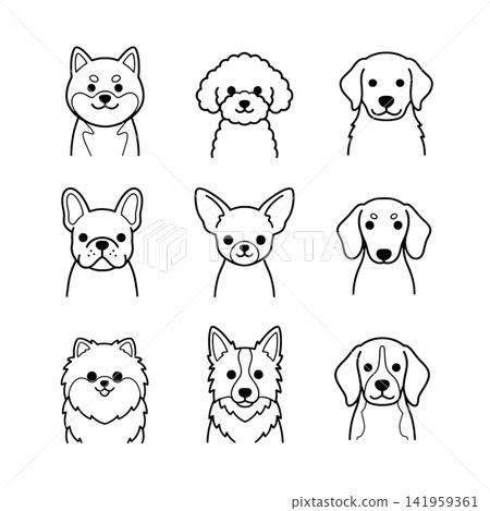 一套簡單的線條畫和各種犬種的胸前圖示。 一套簡單的線條畫和各種犬種的胸前圖示。 141959361