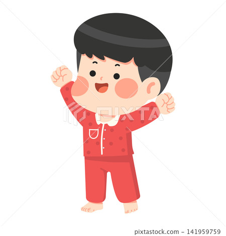 Little Boy in Red Polka Dot Pajamas Stretching After Waking Up Happy Morning Routine Illustration Little Boy in Red Polka Dot Pajamas Stretching After Waking Up Happy Morning Routine Illustration 141959759