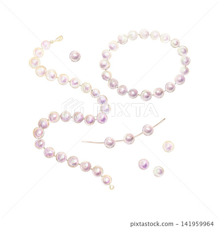 Watercolor set of a pearl necklace, bracelet and loose pearls on white background. Perfect for wedding designs, fashion illustrations, invitations, packaging and feminine decor Watercolor set of a pearl necklace, bracelet and loose pearls on white background. Perfect for wedding designs, fashion illustrations, invitations, packaging and feminine decor 141959964
