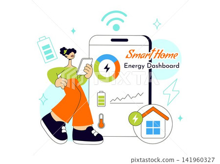 Smart Home Energy Dashboard Vector Illustration Featuring Renewable Power, Solar Panels, Electricity Monitoring, and Sustainable Technology Management 141960327