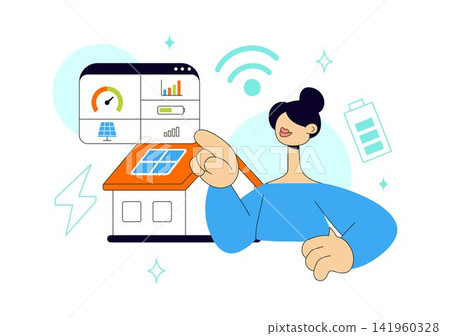 Smart Home Energy Dashboard Vector Illustration Featuring Renewable Power, Solar Panels, Electricity Monitoring, and Sustainable Technology Management Smart Home Energy Dashboard Vector Illustration Featuring Renewable Power, Solar Panels, Electricity Monitoring, and Sustainable Technology Management 141960328