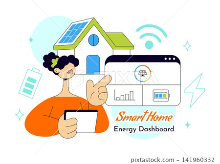 Smart Home Energy Dashboard Vector Illustration Featuring Renewable Power, Solar Panels, Electricity Monitoring, and Sustainable Technology Management Smart Home Energy Dashboard Vector Illustration Featuring Renewable Power, Solar Panels, Electricity Monitoring, and Sustainable Technology Management 141960332