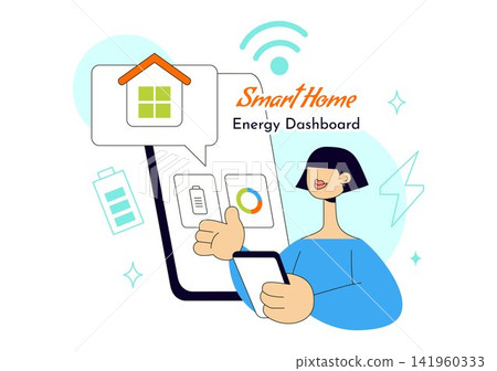 Smart Home Energy Dashboard Vector Illustration Featuring Renewable Power, Solar Panels, Electricity Monitoring, and Sustainable Technology Management Smart Home Energy Dashboard Vector Illustration Featuring Renewable Power, Solar Panels, Electricity Monitoring, and Sustainable Technology Management 141960333