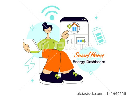 Smart Home Energy Dashboard Vector Illustration Featuring Renewable Power, Solar Panels, Electricity Monitoring, and Sustainable Technology Management Smart Home Energy Dashboard Vector Illustration Featuring Renewable Power, Solar Panels, Electricity Monitoring, and Sustainable Technology Management 141960336