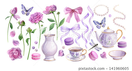 Romantic watercolor set with peonies, tea set, macarons, bows, ribbons, pearls,petals, butterflies and dragonfly. Perfect for invitations, packaging, stationery and feminine designs Romantic watercolor set with peonies, tea set, macarons, bows, ribbons, pearls,petals, butterflies and dragonfly. Perfect for invitations, packaging, stationery and feminine designs 141960605