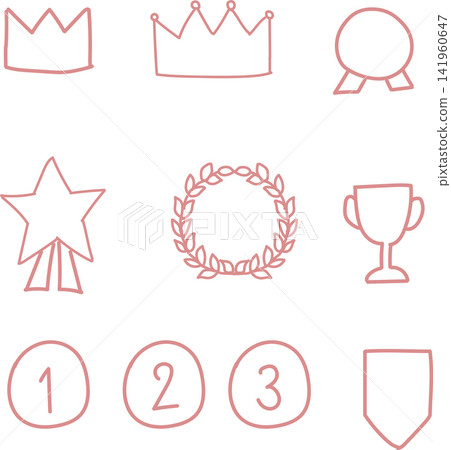 Hand-drawn, cute, and whimsical crown, medal, and ranking icon set of 9 (pink) Hand-drawn, cute, and whimsical crown, medal, and ranking icon set of 9 (pink) 141960647