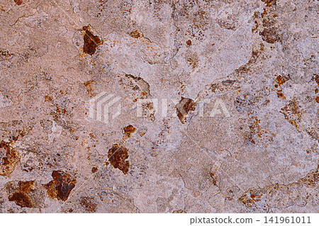 The background of an old metal sheet, a layer of hardened mortar stuck to it, through which rusty red areas of iron oxide appear. Building Materials, Weathering, Wear Protection 141961011