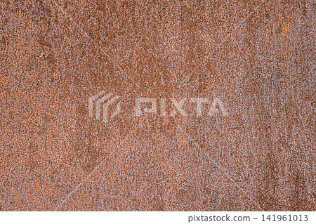 The texture of a metal thick sheet covered with rust, stains and corrosion foci is dark red. Background blank for artwork. The texture of a metal thick sheet covered with rust, stains and corrosion foci is dark red. Background blank for artwork. 141961013