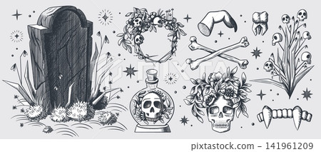 Gothic Halloween cemetery sketch collection Gothic Halloween cemetery sketch collection 141961209