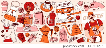 Coffee break poster elements with barista Coffee break poster elements with barista 141961215