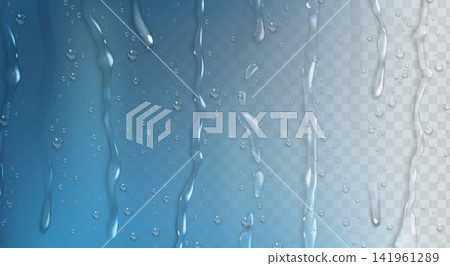 Water transparent droplets on glass background Water transparent droplets on glass background 141961289