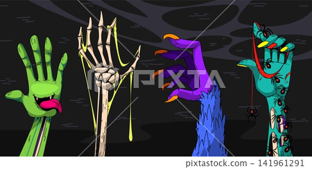 Zombie hands with creepy fingers, slime and spider Zombie hands with creepy fingers, slime and spider 141961291