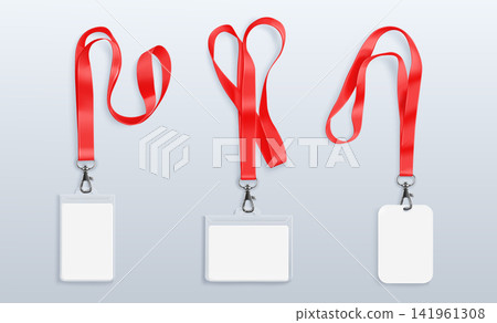 Company badges, id cards with red lanyard strap Company badges, id cards with red lanyard strap 141961308