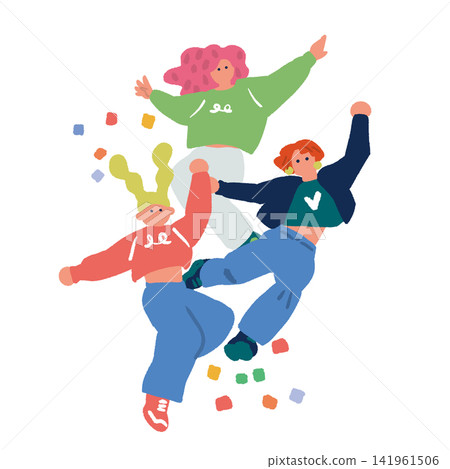 一幅隨意的手繪插圖,描繪了三個年輕人跳入五彩紙屑雨中。 一幅隨意的手繪插圖,描繪了三個年輕人跳入五彩紙屑雨中。 141961506