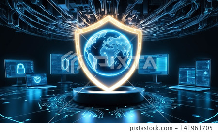 top view of computer security concept with tablet pc and security on screen on screen top view of computer security concept with tablet pc and security on screen on screen 141961705