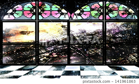 Game background: Night view from a stained-glass hall Game background: Night view from a stained-glass hall 141961863