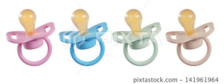 Set of colored 3d Baby Pacifier, isolated on background. Infant soother dummy for newborn care, baby hygiene and parenting concept. 3d render Set of colored 3d Baby Pacifier, isolated on background. Infant soother dummy for newborn care, baby hygiene and parenting concept. 3d render 141961964