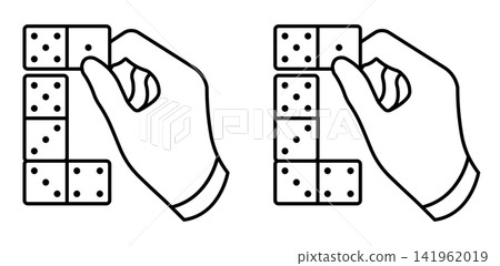 Linear icon. Gambler hand places a die for a game of dominoes. Simple black and white icon isolated on a white background Linear icon. Gambler hand places a die for a game of dominoes. Simple black and white icon isolated on a white background 141962019