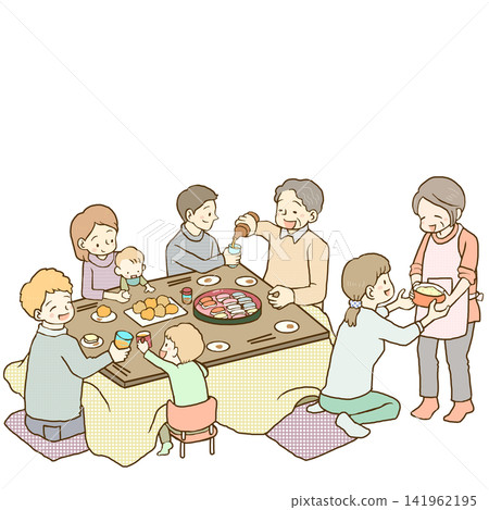 全家一起在暖桌（kotatsu）上吃飯。 141962195