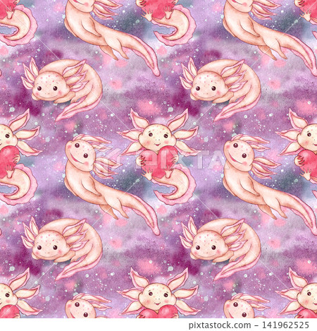 Cute watercolor baby axolotl seamless pattern. Pink purple washes background. Hand drawn pastel aquatic salamanders with various funny emotions, emoji. Illustration for wrapping paper, stationery Cute watercolor baby axolotl seamless pattern. Pink purple washes background. Hand drawn pastel aquatic salamanders with various funny emotions, emoji. Illustration for wrapping paper, stationery 141962525
