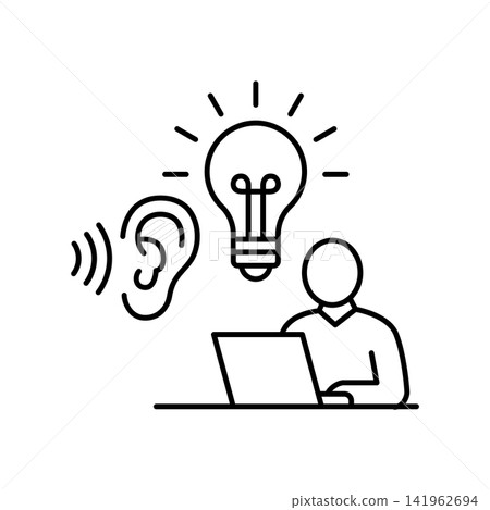 Outline icon representing a person working with proper lighting and idea bulb for reduced eye strain. 141962694