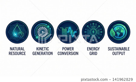 Five circular icons illustrating renewable energy generation processes and sustainable power distribution systems with representing natural resources Five circular icons illustrating renewable energy generation processes and sustainable power distribution systems with representing natural resources 141962829
