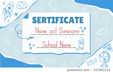 School diploma template for kids and children with doodle line art elements School diploma template for kids and children with doodle line art elements 141963315
