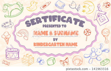 Colorful school diploma template for kids and children with doodle line art elements Colorful school diploma template for kids and children with doodle line art elements 141963316