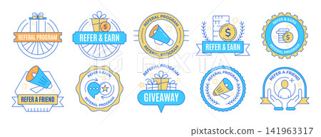 Refer a friend badges, employee referral program stickers or marketing design labels Refer a friend badges, employee referral program stickers or marketing design labels 141963317