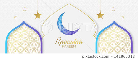 Ramadan Kareem poster with mosque silhouette, arabic golden frames, crescent and stars 141963318