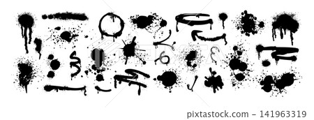 Black spray paint drips, inky blots, lines and ink splatters with graffiti grunge effect Black spray paint drips, inky blots, lines and ink splatters with graffiti grunge effect 141963319