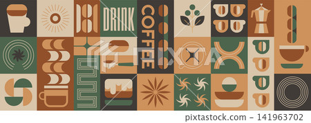 Abstract geometric coffee pattern with beans, drink cup, simple bauhaus elements Abstract geometric coffee pattern with beans, drink cup, simple bauhaus elements 141963702